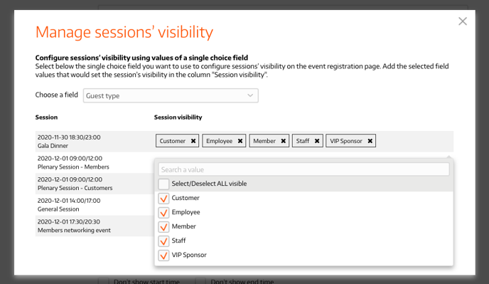 Select values for visibility of each session